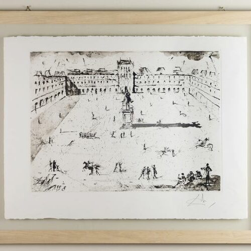 Litografia su cartoncino "Piazza". Esemplare n° 14/150 recante firma a matita Salvador Dalì. 54x75